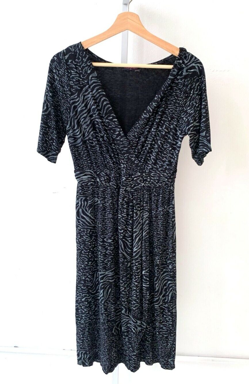 FRESH PRODUCE XS Animal Print Fixed Wrap Dress Short Sleeve Knee Length Black